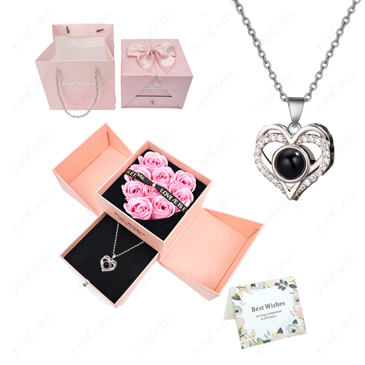 100 Languages Projection Pendant Necklace With Rose Bow Gift Box Jewelry For Wife Girlfriend Valentine Christmas Birthday Gift