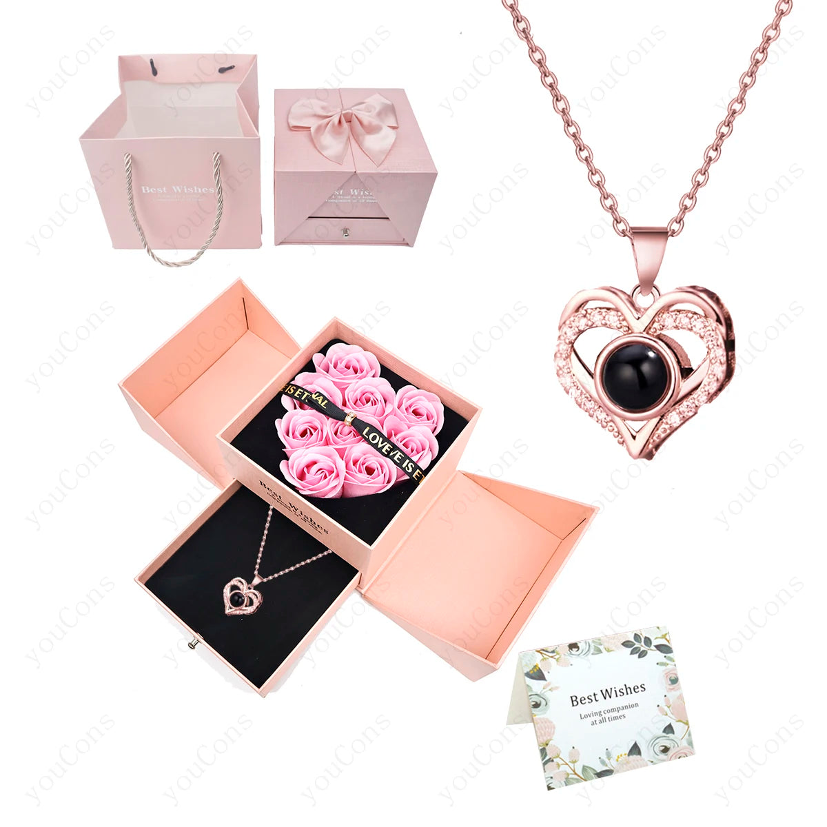 100 Languages Projection Pendant Necklace With Rose Bow Gift Box Jewelry For Wife Girlfriend Valentine Christmas Birthday Gift