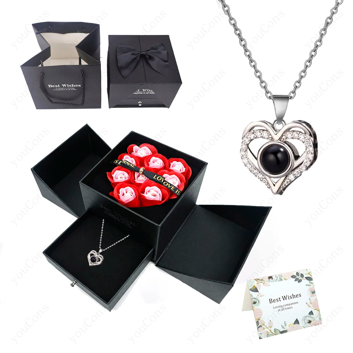 100 Languages Projection Pendant Necklace With Rose Bow Gift Box Jewelry For Wife Girlfriend Valentine Christmas Birthday Gift