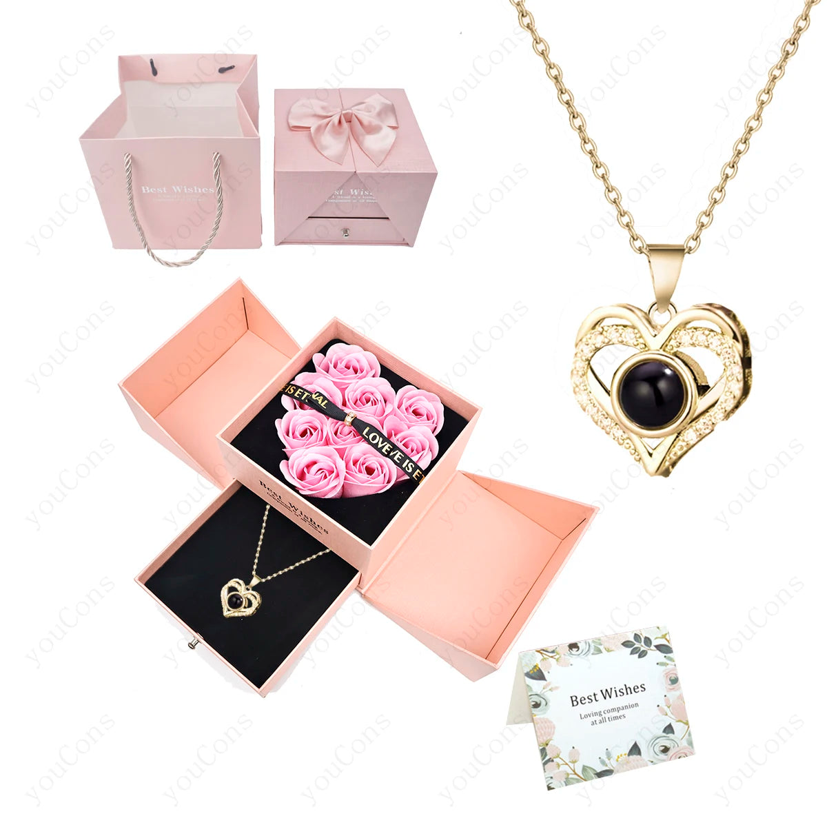 100 Languages Projection Pendant Necklace With Rose Bow Gift Box Jewelry For Wife Girlfriend Valentine Christmas Birthday Gift