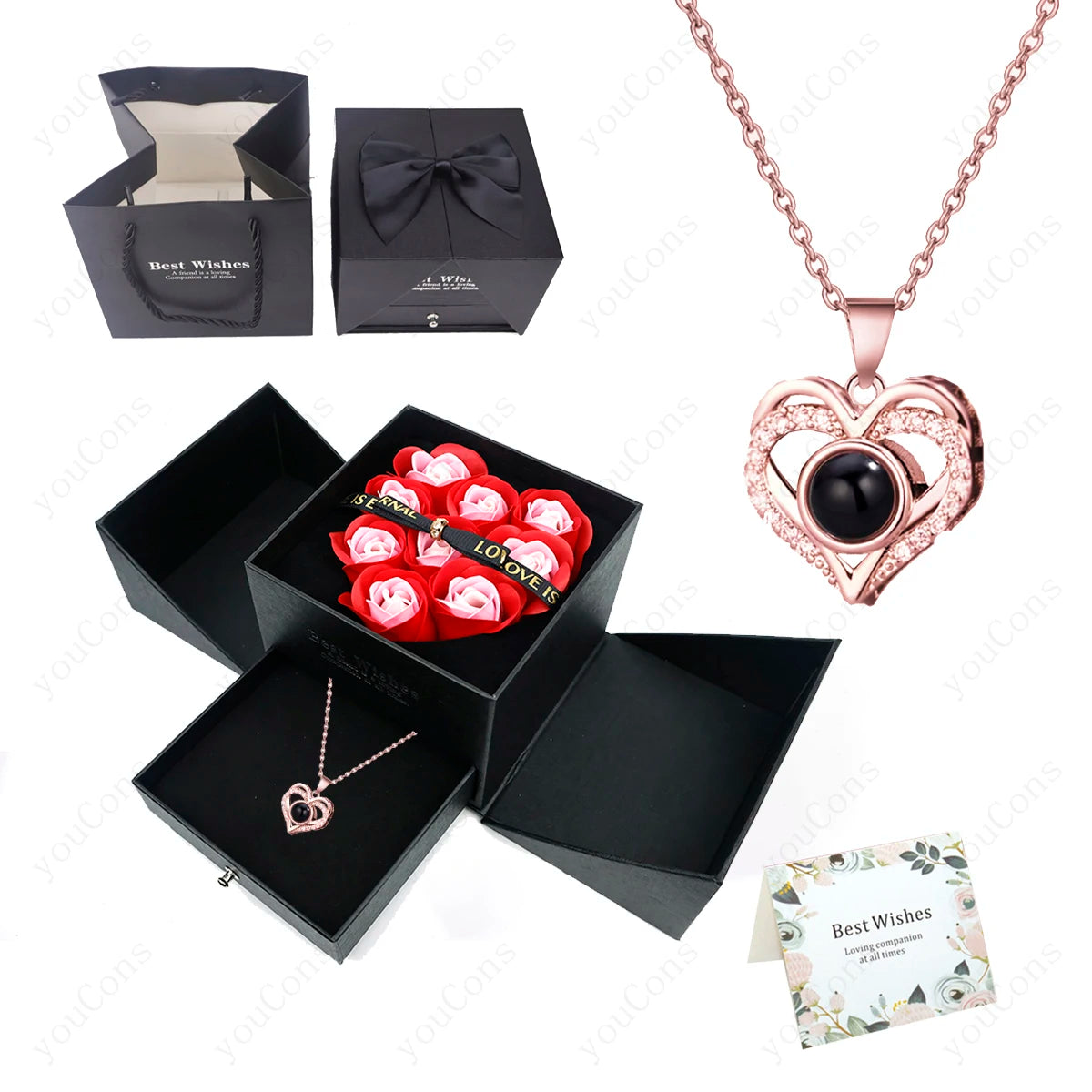 100 Languages Projection Pendant Necklace With Rose Bow Gift Box Jewelry For Wife Girlfriend Valentine Christmas Birthday Gift