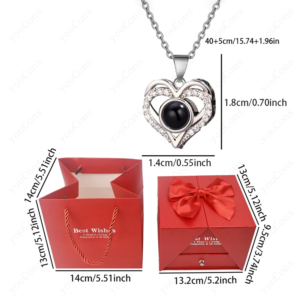 100 Languages Projection Pendant Necklace With Rose Bow Gift Box Jewelry For Wife Girlfriend Valentine Christmas Birthday Gift