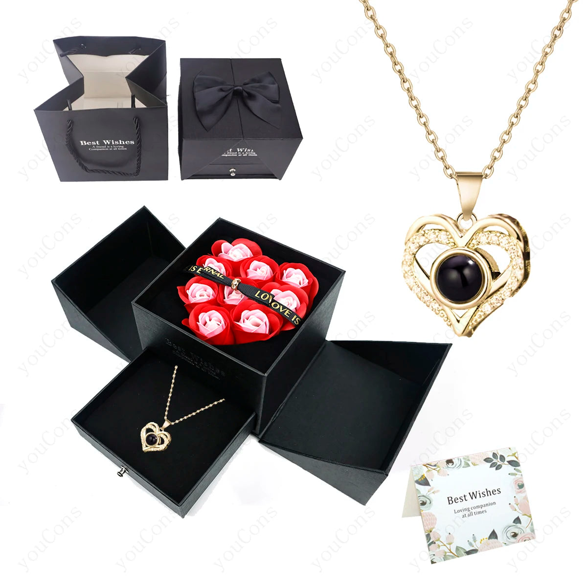 100 Languages Projection Pendant Necklace With Rose Bow Gift Box Jewelry For Wife Girlfriend Valentine Christmas Birthday Gift